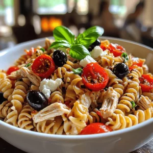 The roasted red pepper chicken pasta salad comes together with simple yet vibrant ingredients. You will need 2 cups of rotini pasta. This shape holds the dressing well. Next, use 2 cups of cooked chicken breast, shredded. It adds protein and heartiness.