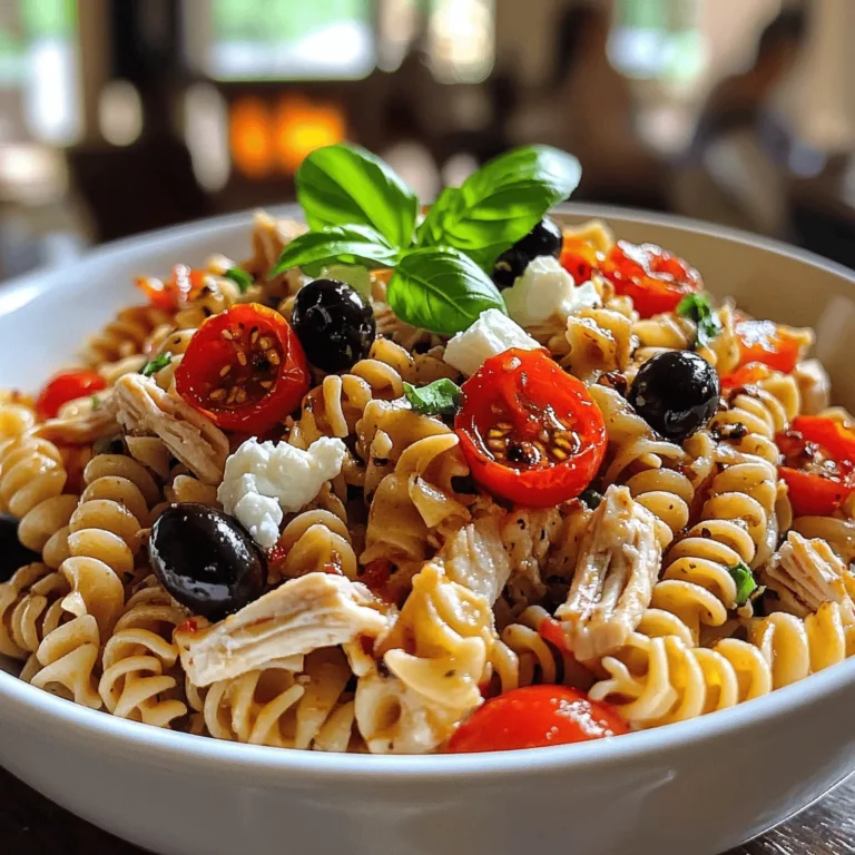 The roasted red pepper chicken pasta salad comes together with simple yet vibrant ingredients. You will need 2 cups of rotini pasta. This shape holds the dressing well. Next, use 2 cups of cooked chicken breast, shredded. It adds protein and heartiness.