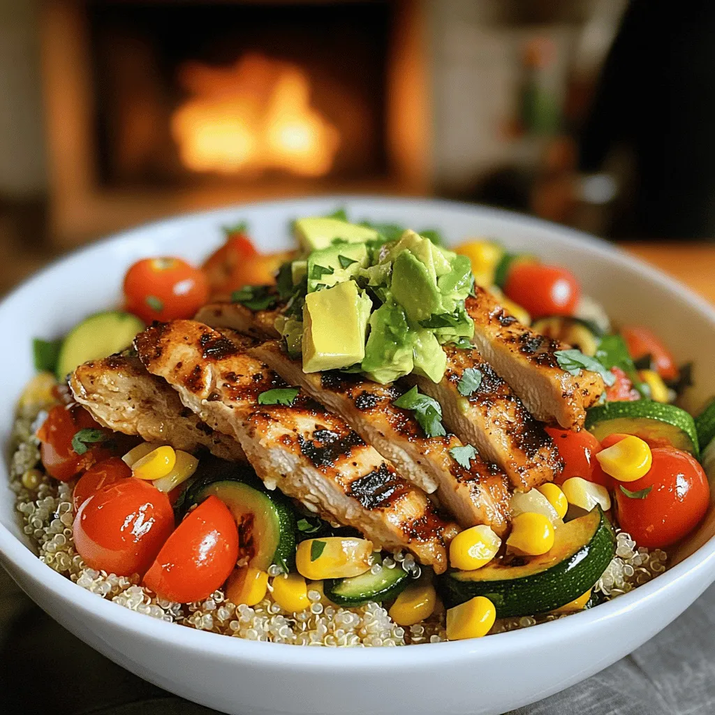 To create simple summer chicken and veggie bowls, you need fresh, vibrant ingredients. The main items are boneless, skinless chicken breasts, zucchini, bell peppers, cherry tomatoes, and corn. Each of these adds color and nutrition to your meal. Use two tablespoons of olive oil, garlic powder, and smoked paprika for flavor. Don't forget salt and pepper to taste.