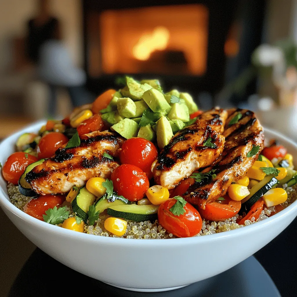 To create simple summer chicken and veggie bowls, you need fresh, vibrant ingredients. The main items are boneless, skinless chicken breasts, zucchini, bell peppers, cherry tomatoes, and corn. Each of these adds color and nutrition to your meal. Use two tablespoons of olive oil, garlic powder, and smoked paprika for flavor. Don't forget salt and pepper to taste.