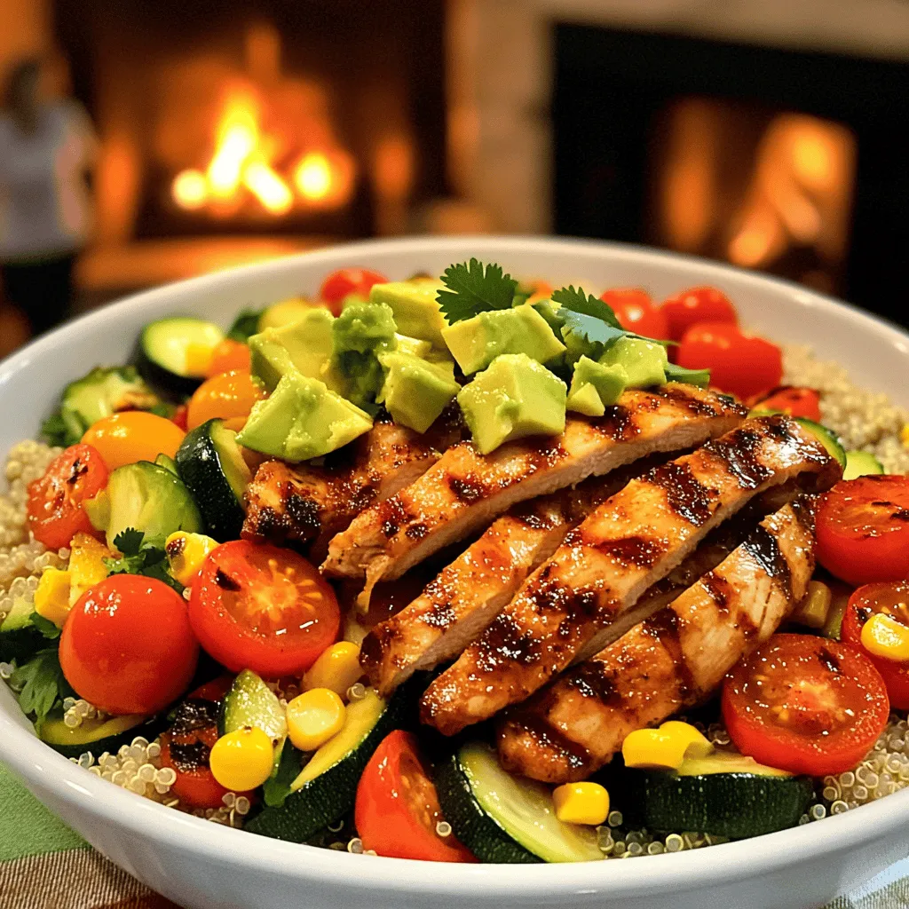 To create simple summer chicken and veggie bowls, you need fresh, vibrant ingredients. The main items are boneless, skinless chicken breasts, zucchini, bell peppers, cherry tomatoes, and corn. Each of these adds color and nutrition to your meal. Use two tablespoons of olive oil, garlic powder, and smoked paprika for flavor. Don't forget salt and pepper to taste.